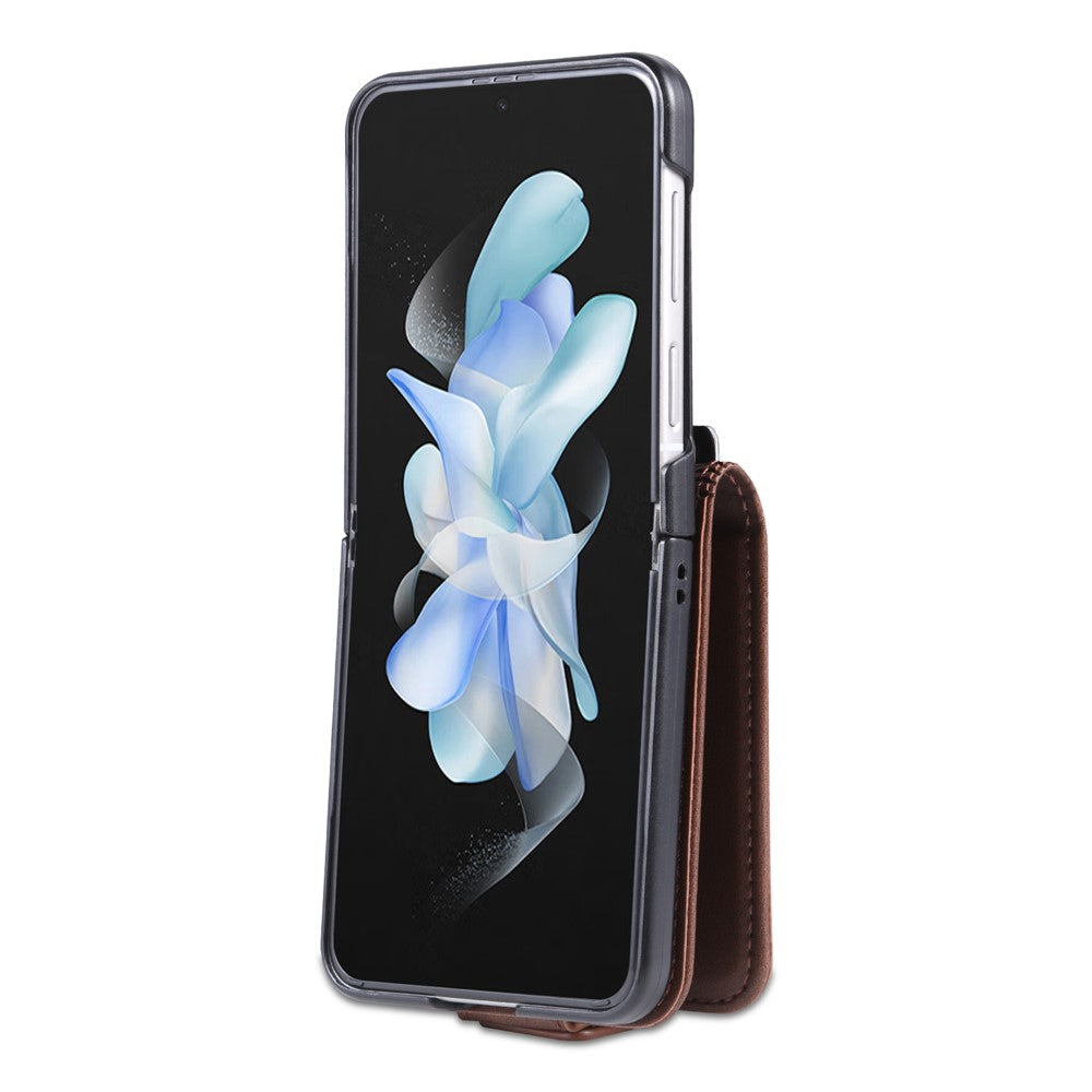 AZNS For Samsung Galaxy Z Flip7 FE 5G / Z Flip6 5G Case Card Holder PU Leather Phone Cover Cowhide Texture - Coffee