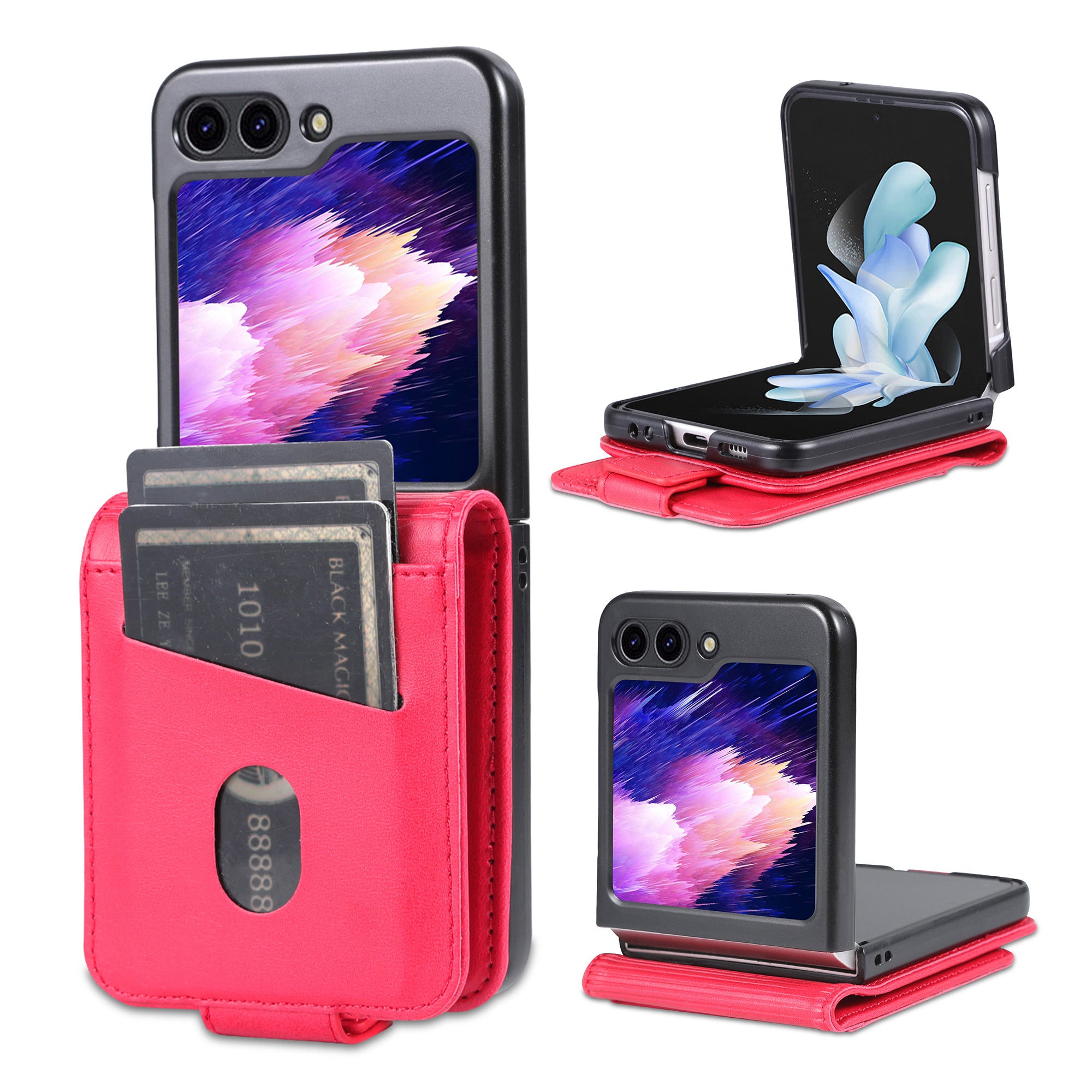 AZNS For Samsung Galaxy Z Flip6 5G Case Card Holder PU Leather Phone Cover Cowhide Texture - Red