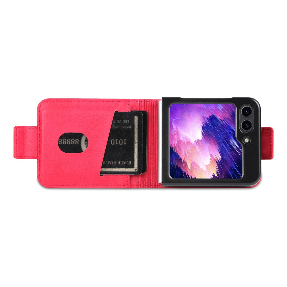 AZNS For Samsung Galaxy Z Flip7 FE 5G / Z Flip6 5G Case Card Holder PU Leather Phone Cover Cowhide Texture - Red