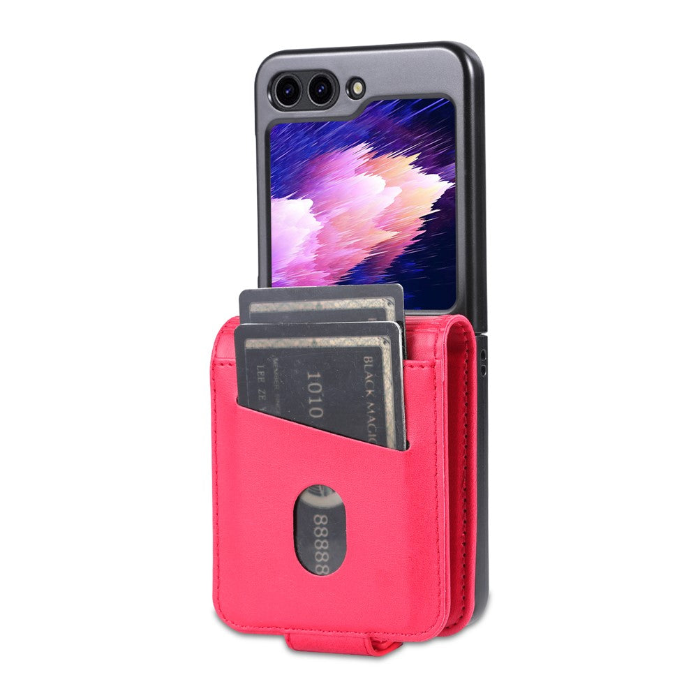 AZNS For Samsung Galaxy Z Flip7 FE 5G / Z Flip6 5G Case Card Holder PU Leather Phone Cover Cowhide Texture - Red
