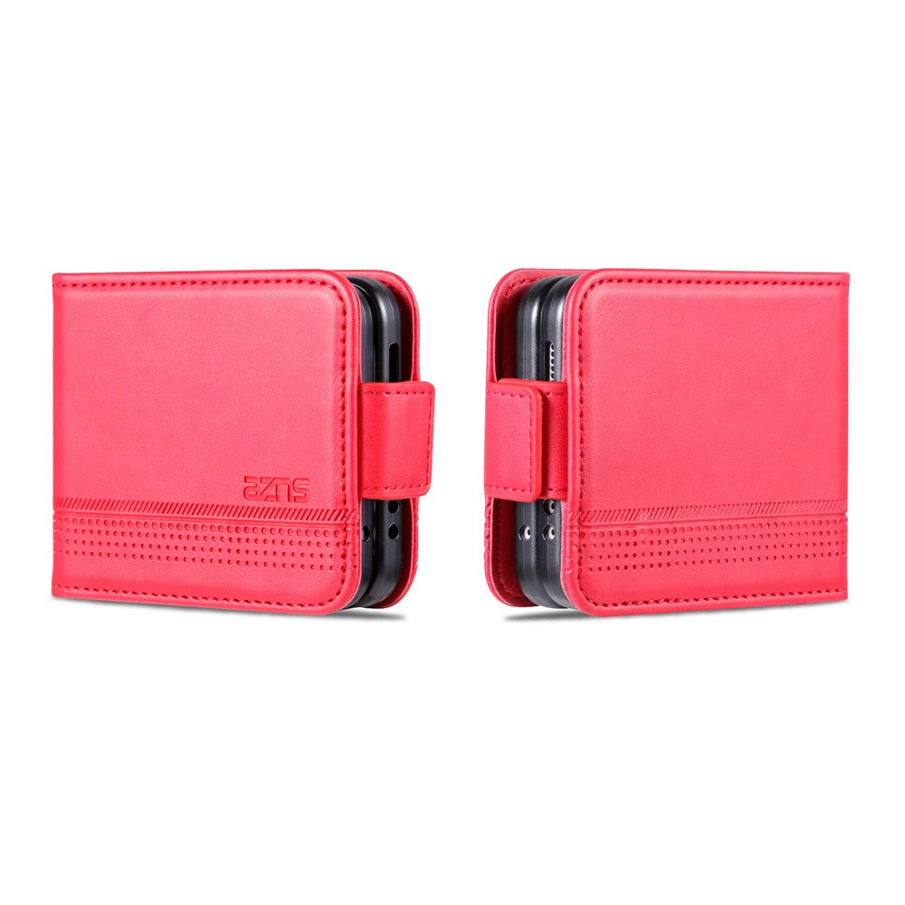 AZNS For Samsung Galaxy Z Flip7 FE 5G / Z Flip6 5G Case Card Holder PU Leather Phone Cover Cowhide Texture - Red