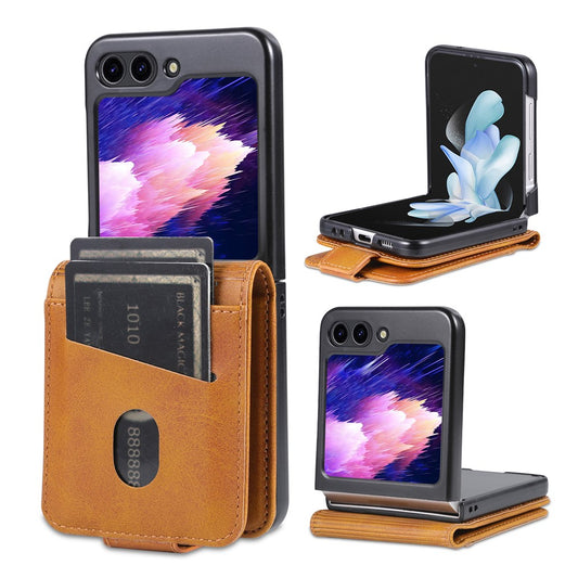 AZNS For Samsung Galaxy Z Flip7 FE 5G / Z Flip6 5G Case Card Holder PU Leather Phone Cover Cowhide Texture - Brown