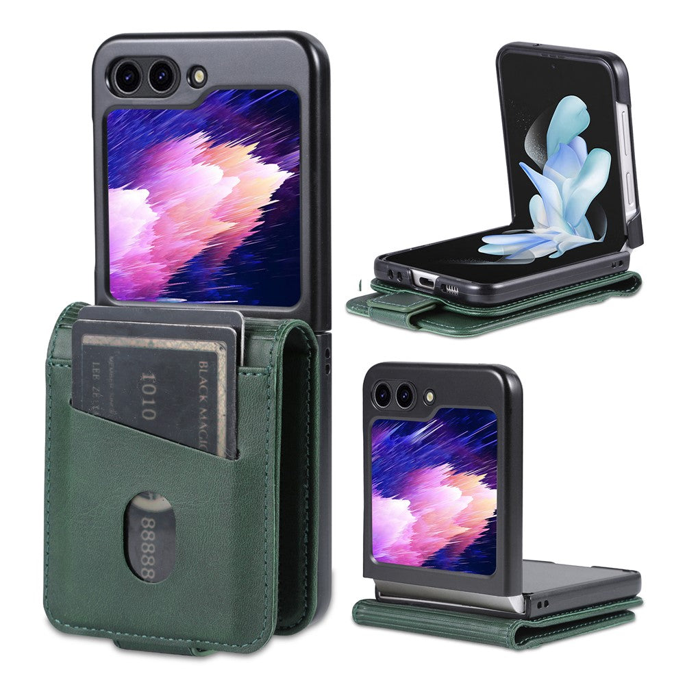 AZNS For Samsung Galaxy Z Flip7 FE 5G / Z Flip6 5G Case Card Holder PU Leather Phone Cover Cowhide Texture - Green