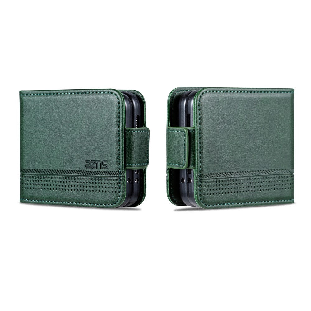 AZNS For Samsung Galaxy Z Flip7 FE 5G / Z Flip6 5G Case Card Holder PU Leather Phone Cover Cowhide Texture - Green