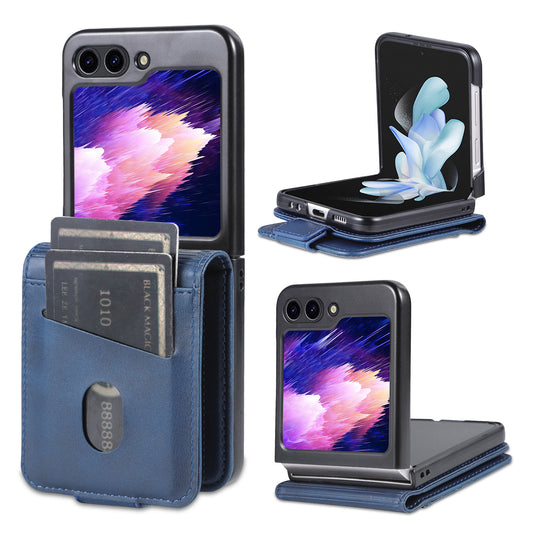 AZNS For Samsung Galaxy Z Flip6 5G Case Card Holder PU Leather Phone Cover Cowhide Texture - Blue