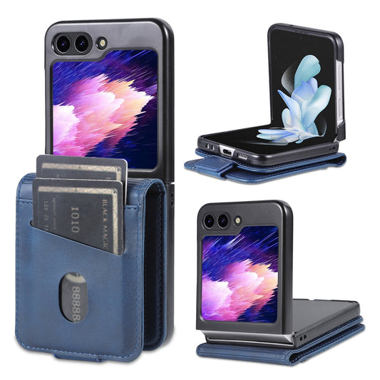 AZNS For Samsung Galaxy Z Flip7 FE 5G / Z Flip6 5G Case Card Holder PU Leather Phone Cover Cowhide Texture - Blue