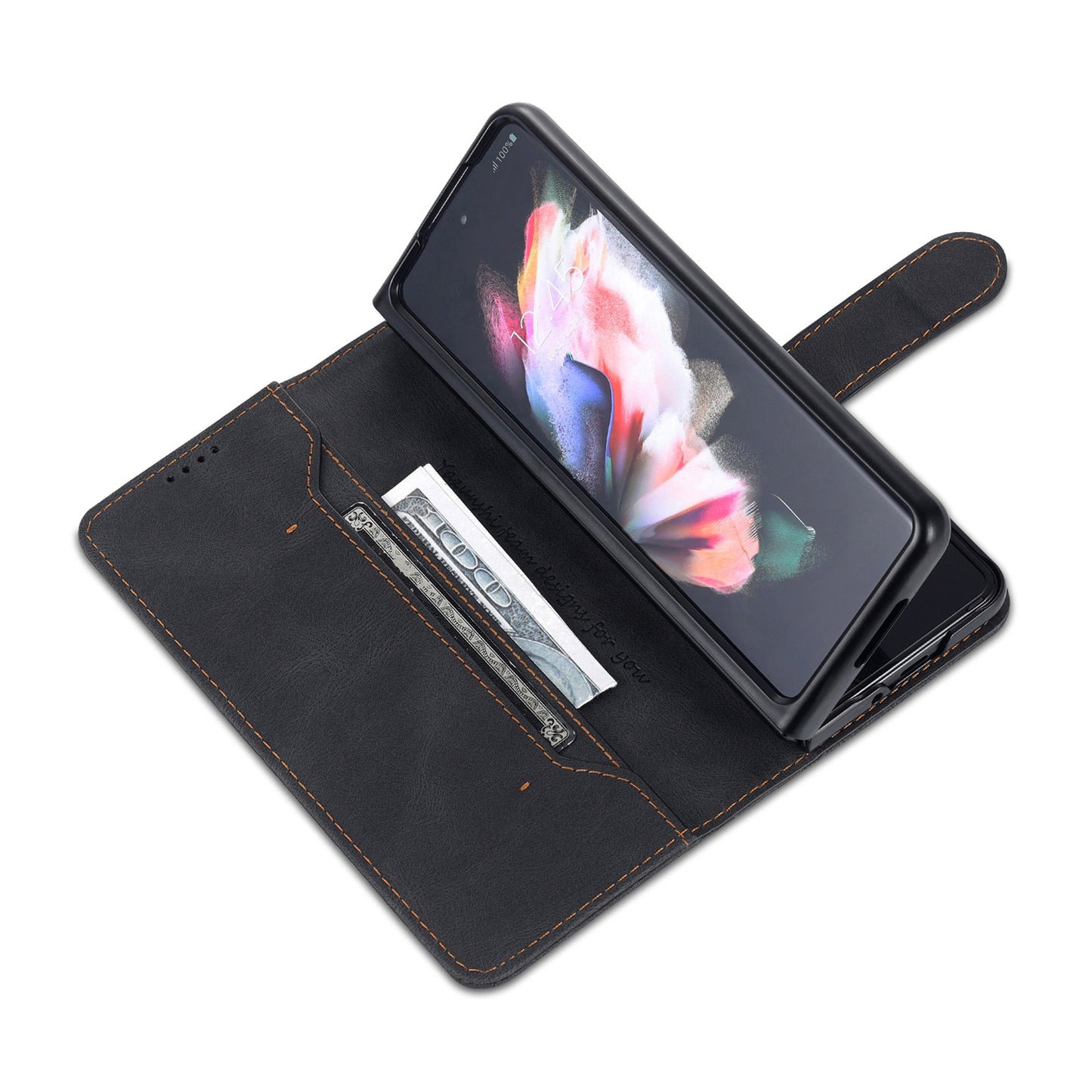 AZNS For Samsung Galaxy Z Fold6 5G Case Leather Phone Cover with Wallet Stand - Black