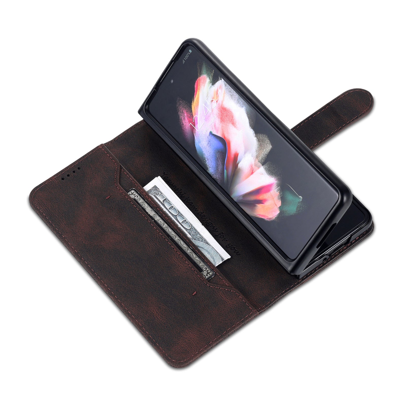 AZNS For Samsung Galaxy Z Fold6 5G Case Leather Phone Cover with Wallet Stand - Brown