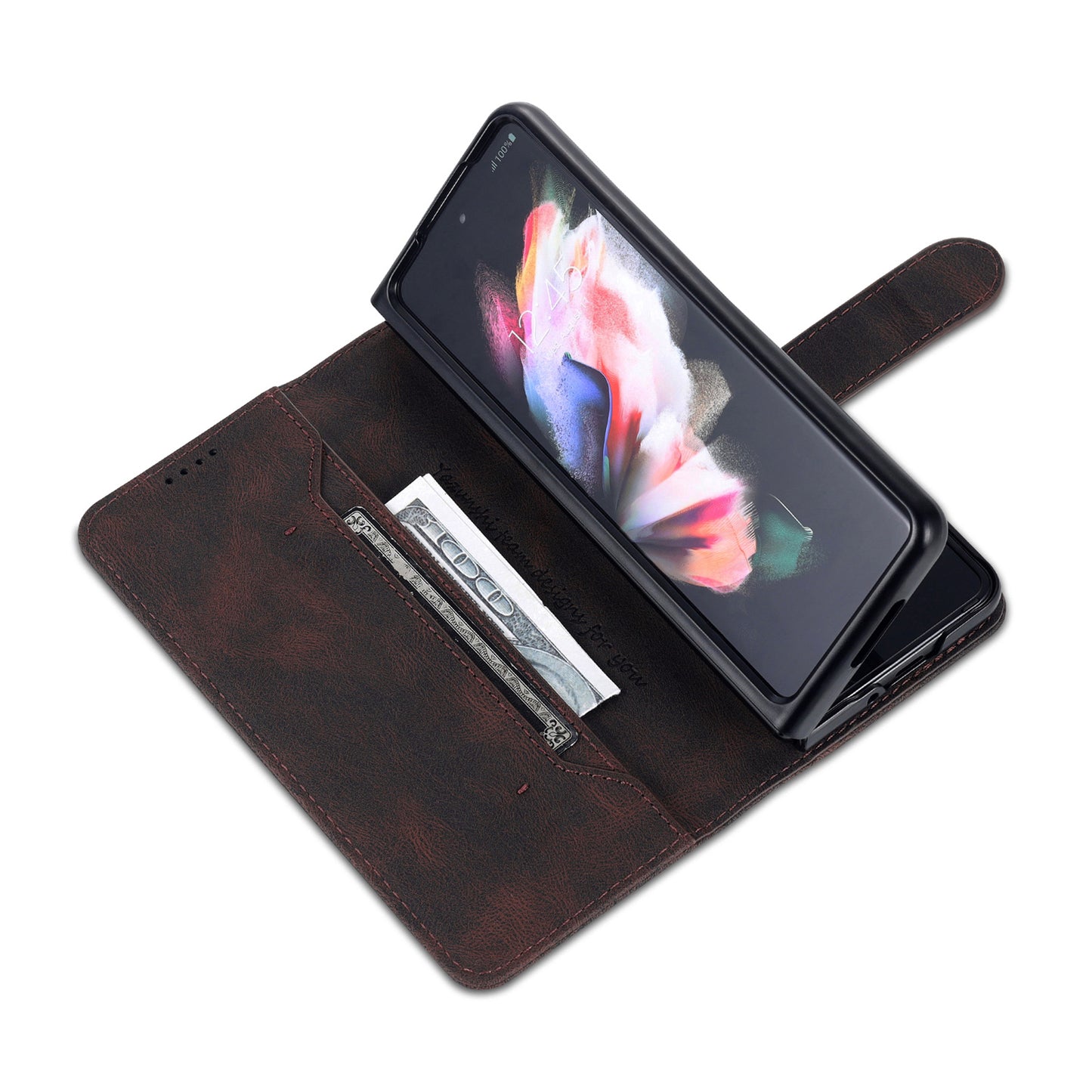 AZNS For Samsung Galaxy Z Fold6 5G Case Leather Phone Cover with Wallet Stand - Brown
