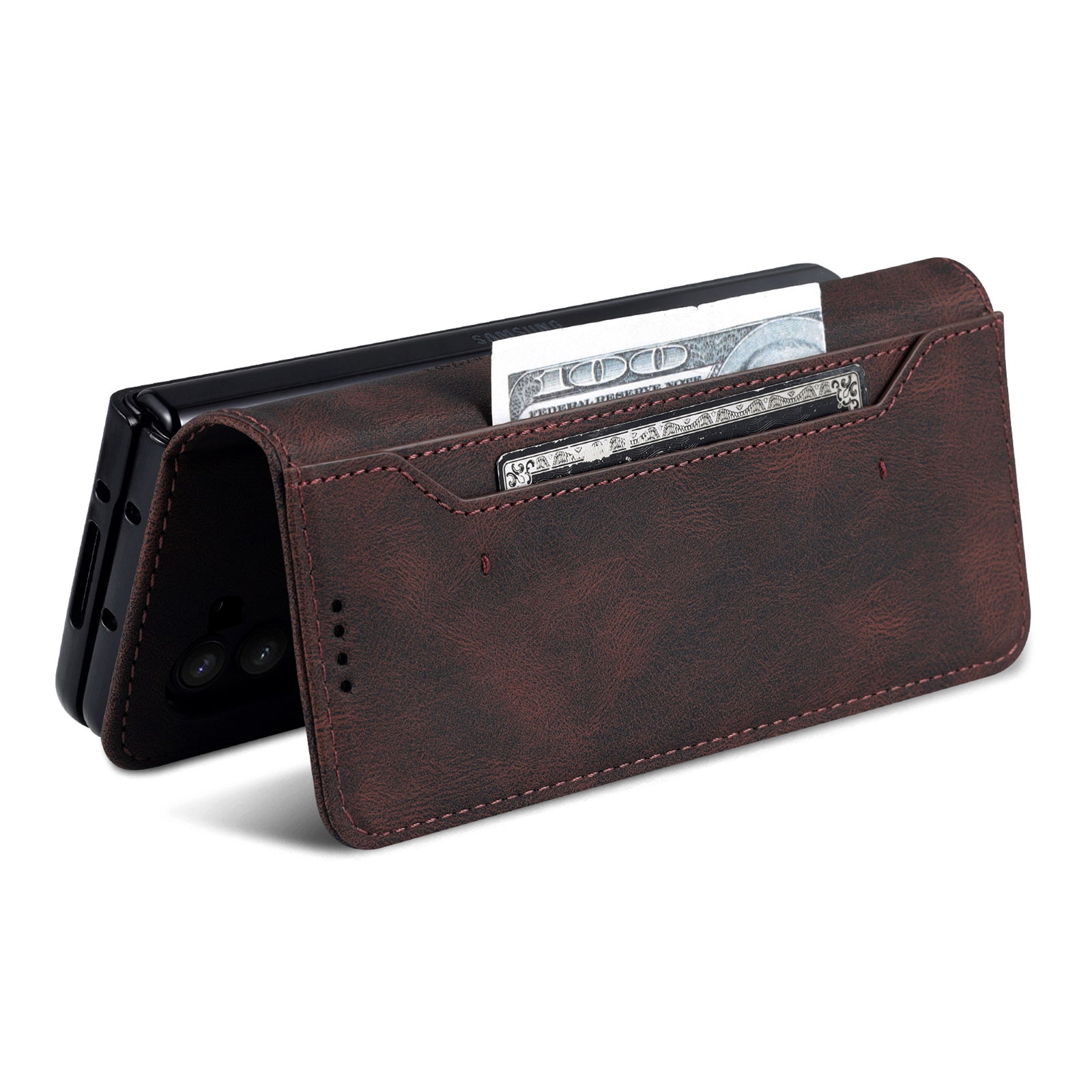 AZNS For Samsung Galaxy Z Fold6 5G Case Leather Phone Cover with Wallet Stand - Brown