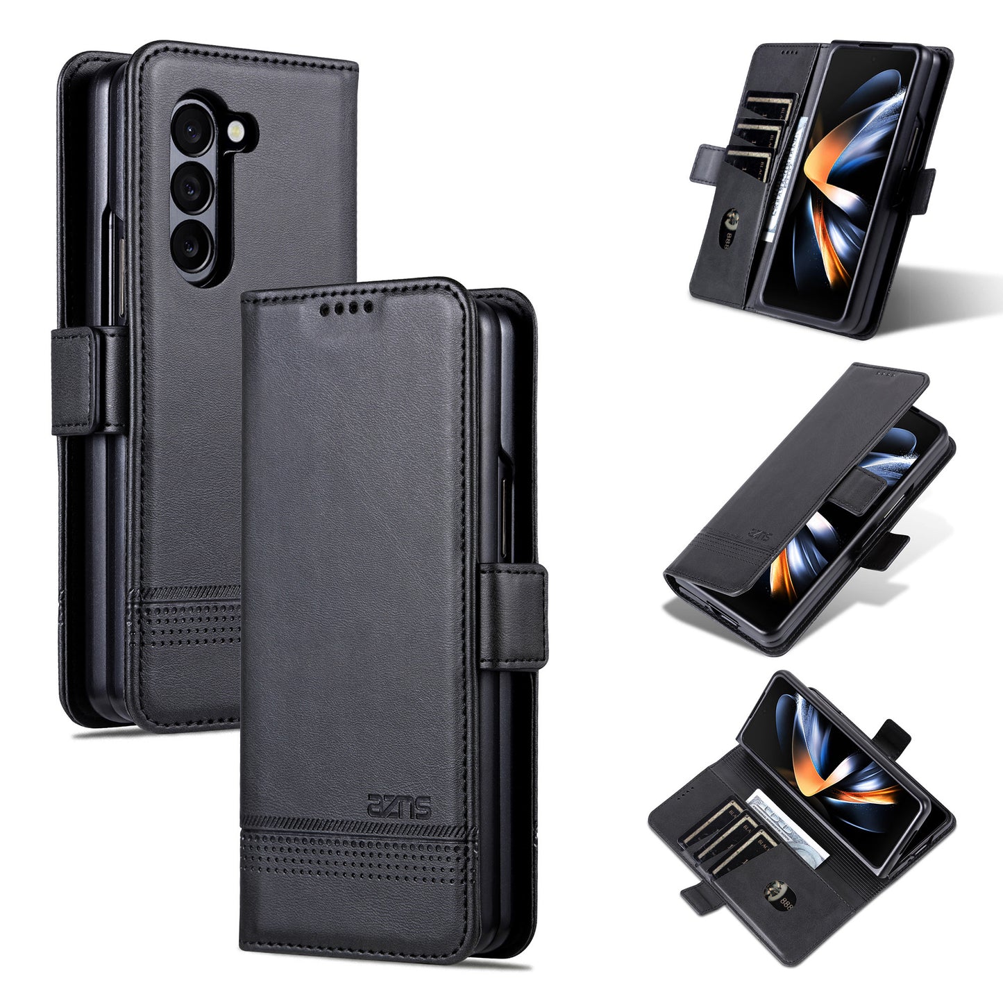 AZNS For Samsung Galaxy Z Fold6 5G Case Wallet PU Leather+PC Phone Cover - Black