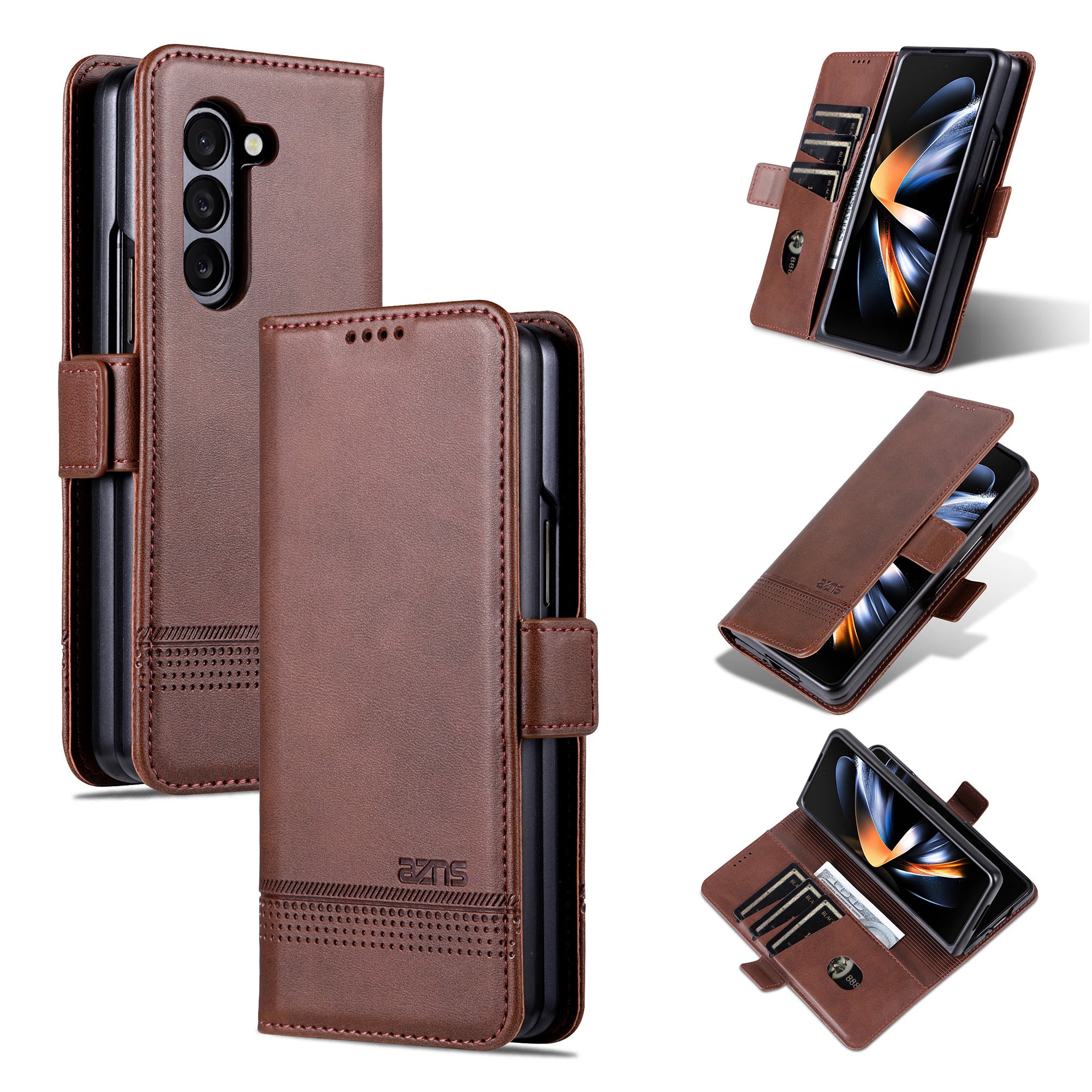 AZNS For Samsung Galaxy Z Fold6 5G Case Wallet PU Leather+PC Phone Cover - Coffee