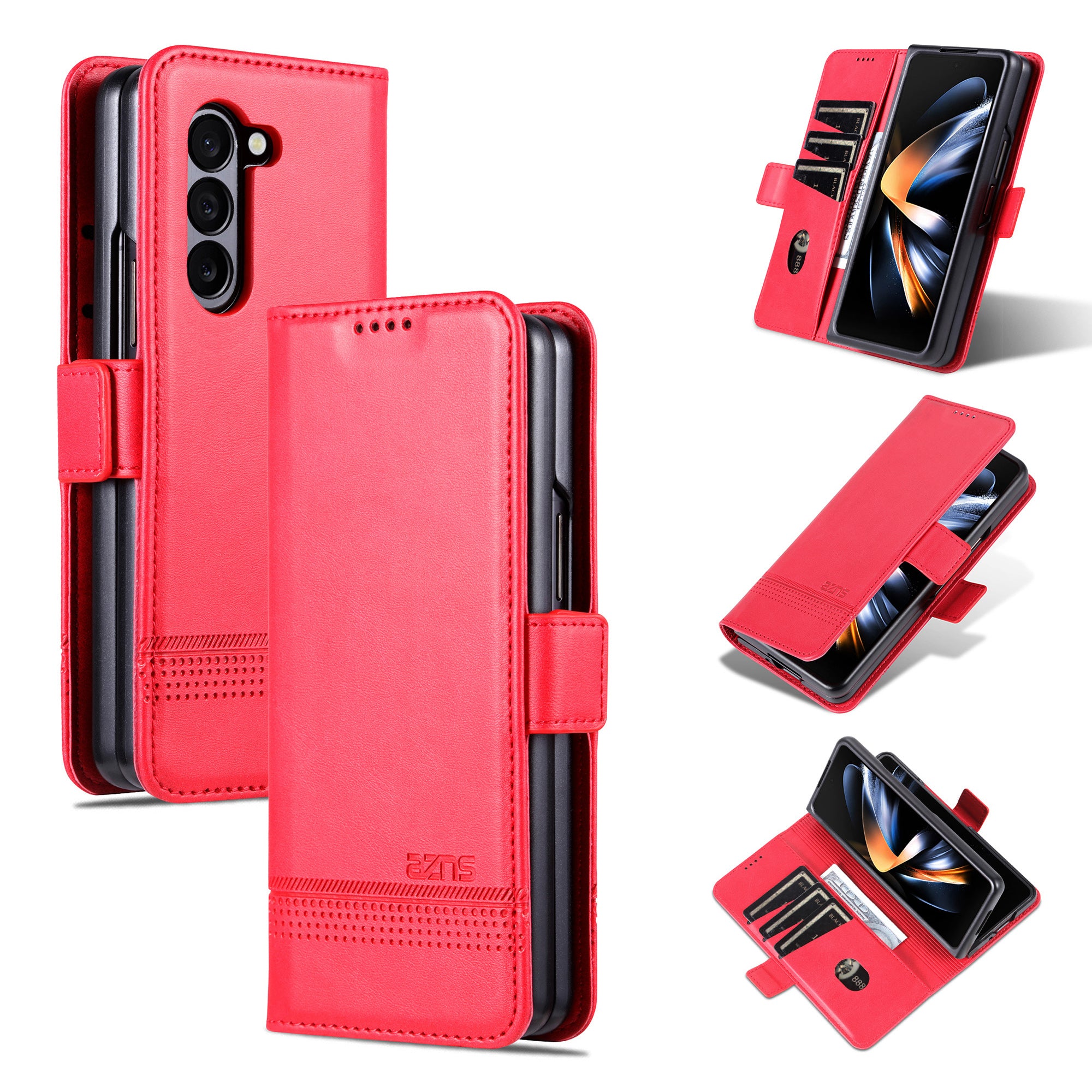 AZNS For Samsung Galaxy Z Fold6 5G Case Wallet PU Leather+PC Phone Cover - Red