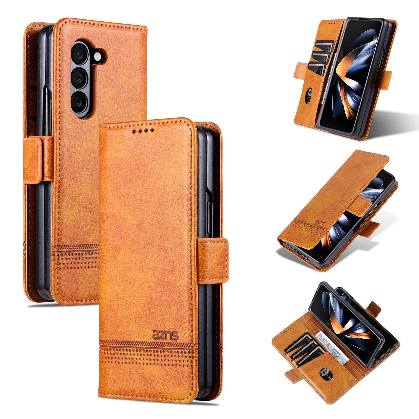 AZNS For Samsung Galaxy Z Fold6 5G Case Wallet PU Leather+PC Phone Cover - Brown