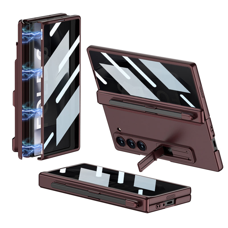 GKK For Samsung Galaxy Z Fold6 5G Case Hard PC Phone Cover with Privacy Tempered Glass Film Magnetic Hinge - Wine Red