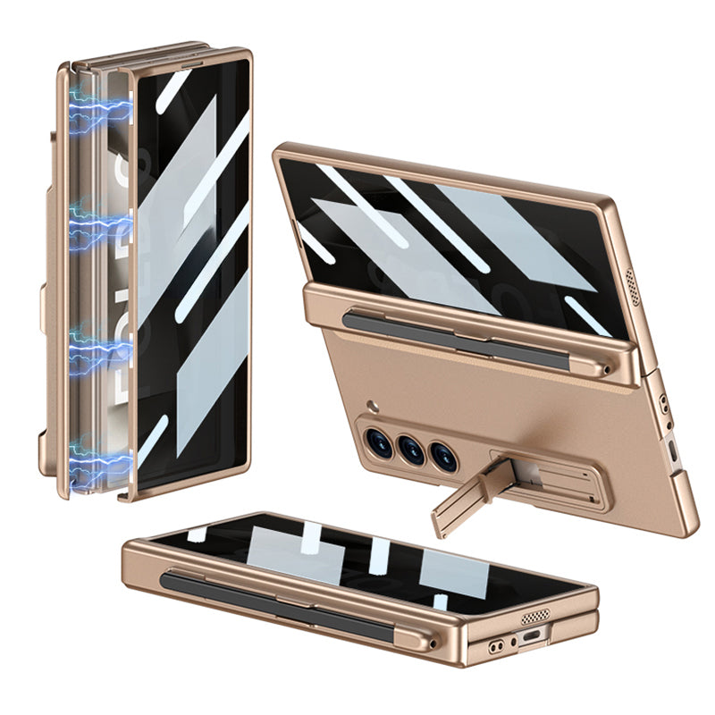 GKK For Samsung Galaxy Z Fold6 5G Case Hard PC Phone Cover with Privacy Tempered Glass Film Magnetic Hinge - Gold