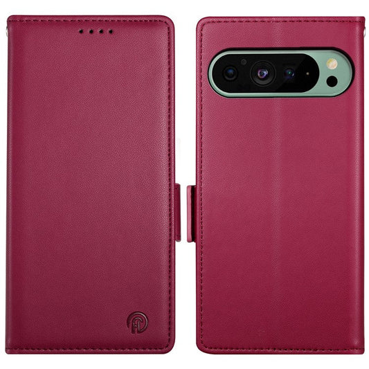 DF-010 For Google Pixel 9 / 9 Pro Case Side Magnetic Clasps Leather Stand Phone Cover - Wine Red