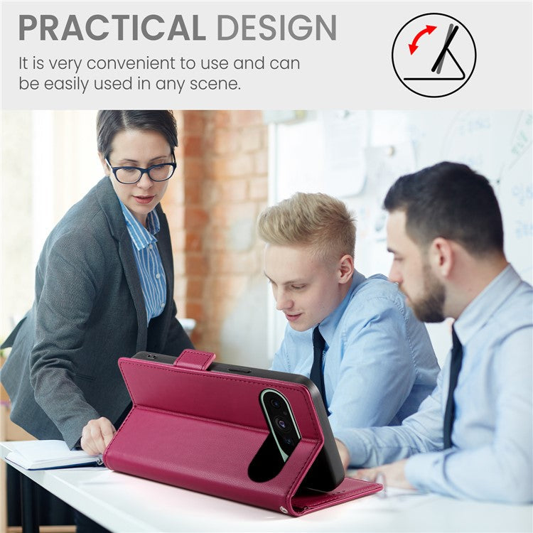 DF-010 For Google Pixel 9 / 9 Pro Case Side Magnetic Clasps Leather Stand Phone Cover - Wine Red