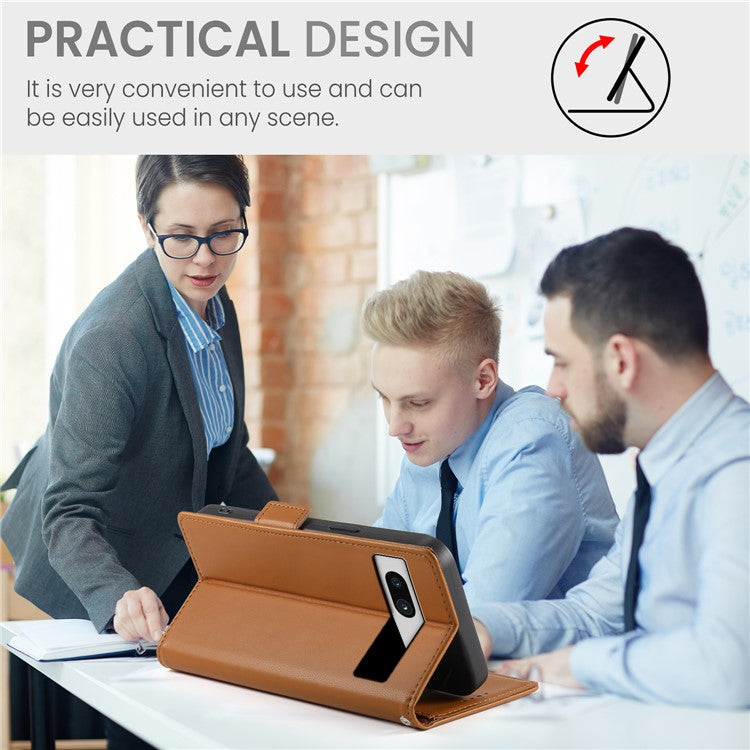 DF-010 For Google Pixel 7a Case Dual Magnetic Clasps PU Leather Flip Phone Cover - Brown