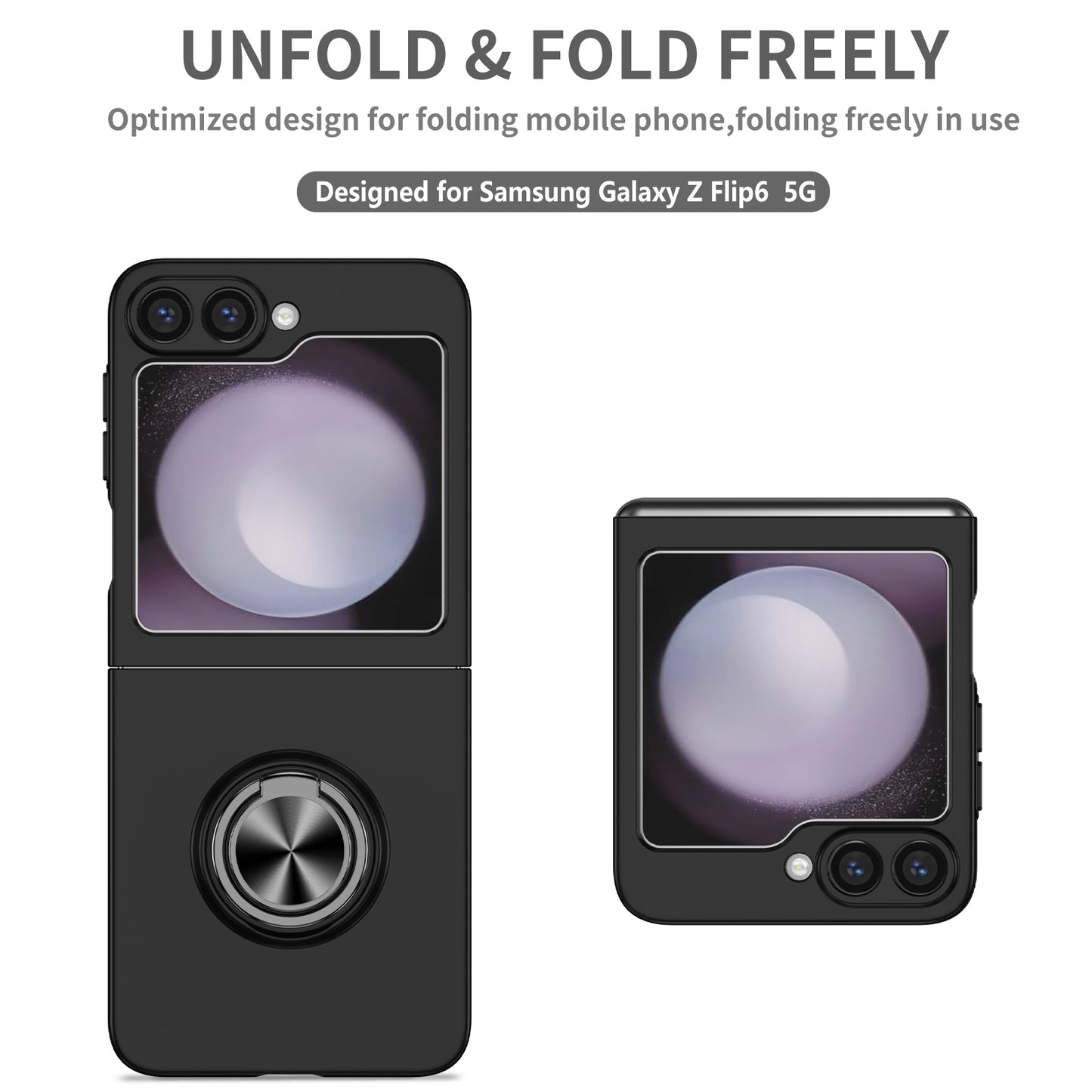 For Samsung Galaxy Z Flip6 5G Case Rotatable Ring Kickstand Hard PC Phone Cover - Black