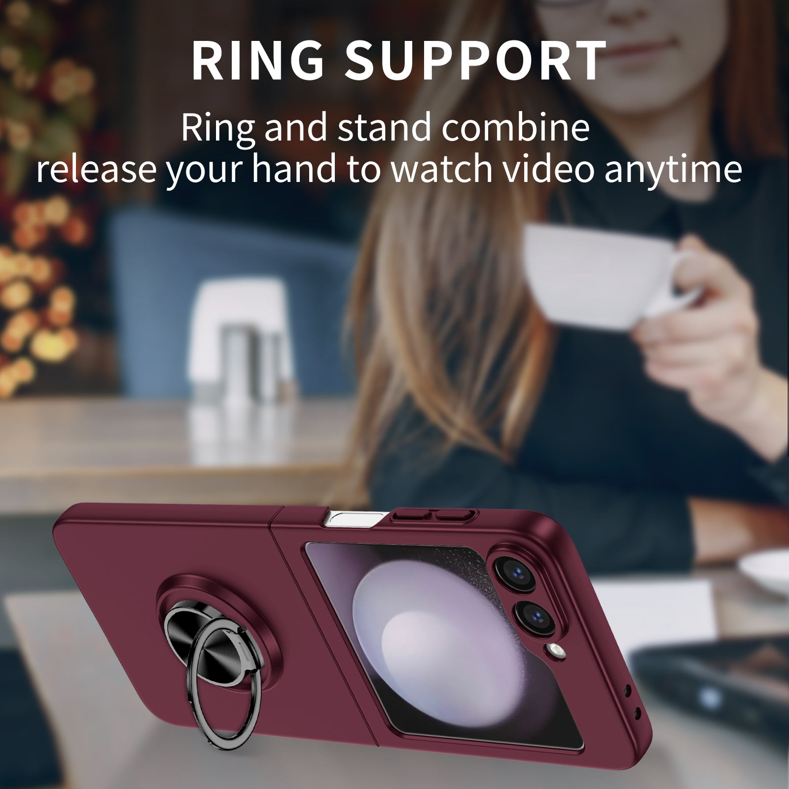 For Samsung Galaxy Z Flip6 5G Case Rotatable Ring Kickstand Hard PC Phone Cover - Wine Red