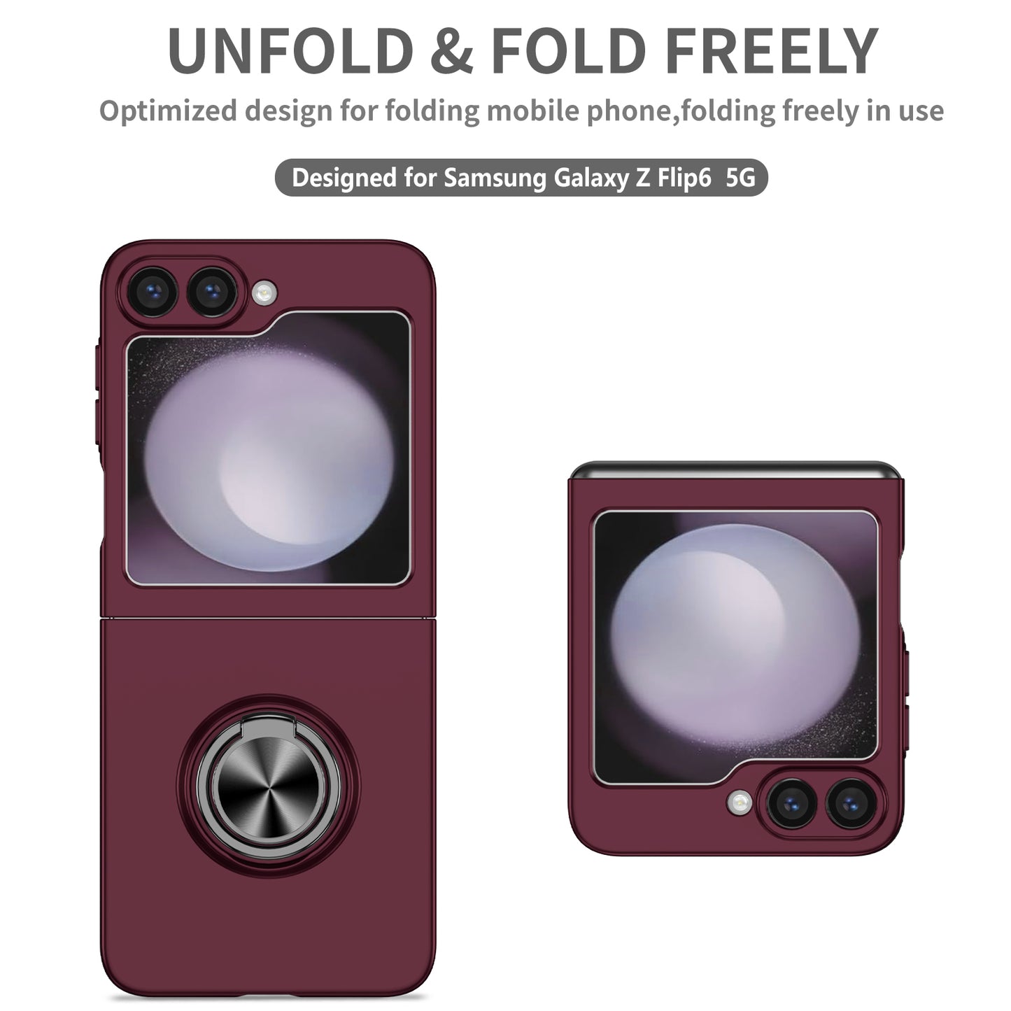 For Samsung Galaxy Z Flip6 5G Case Rotatable Ring Kickstand Hard PC Phone Cover - Wine Red