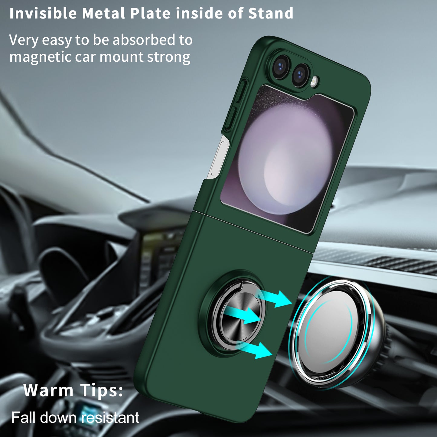 For Samsung Galaxy Z Flip6 5G Case Rotatable Ring Kickstand Hard PC Phone Cover - Blackish Green