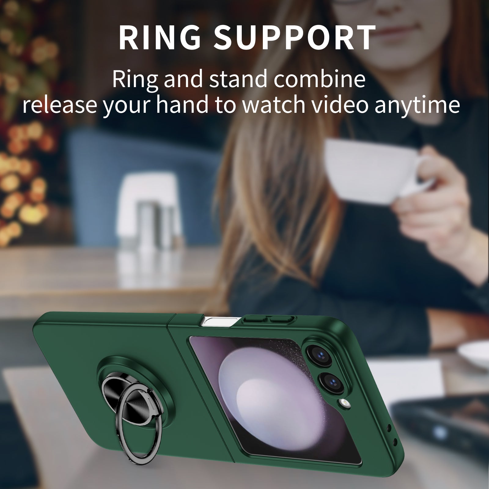 For Samsung Galaxy Z Flip6 5G Case Rotatable Ring Kickstand Hard PC Phone Cover - Blackish Green