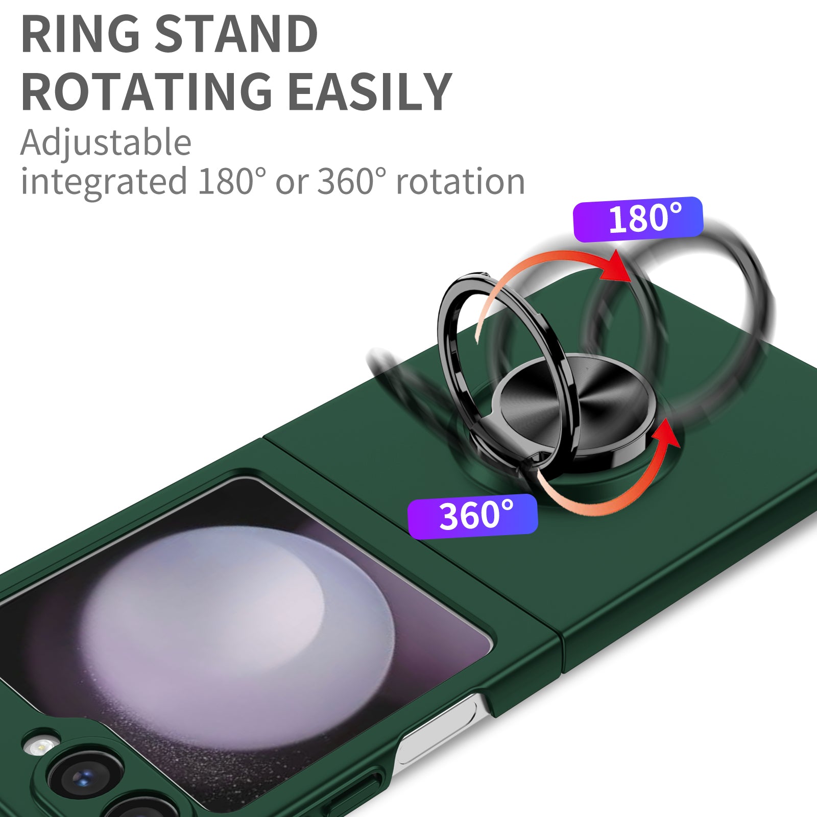 For Samsung Galaxy Z Flip6 5G Case Rotatable Ring Kickstand Hard PC Phone Cover - Blackish Green