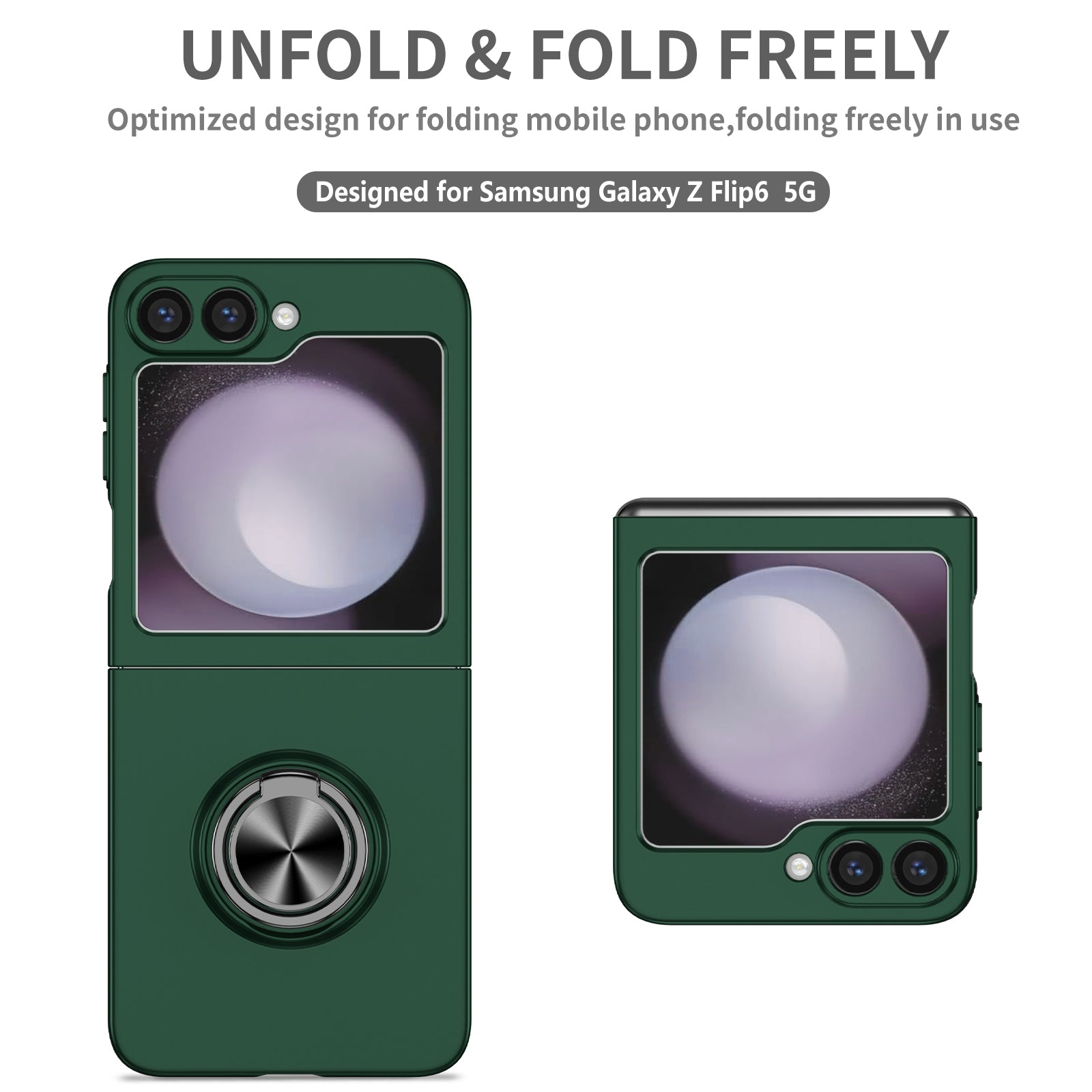 For Samsung Galaxy Z Flip6 5G Case Rotatable Ring Kickstand Hard PC Phone Cover - Blackish Green