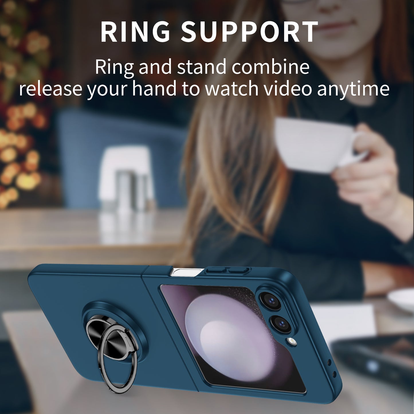 For Samsung Galaxy Z Flip6 5G Case Rotatable Ring Kickstand Hard PC Phone Cover - Dark Blue