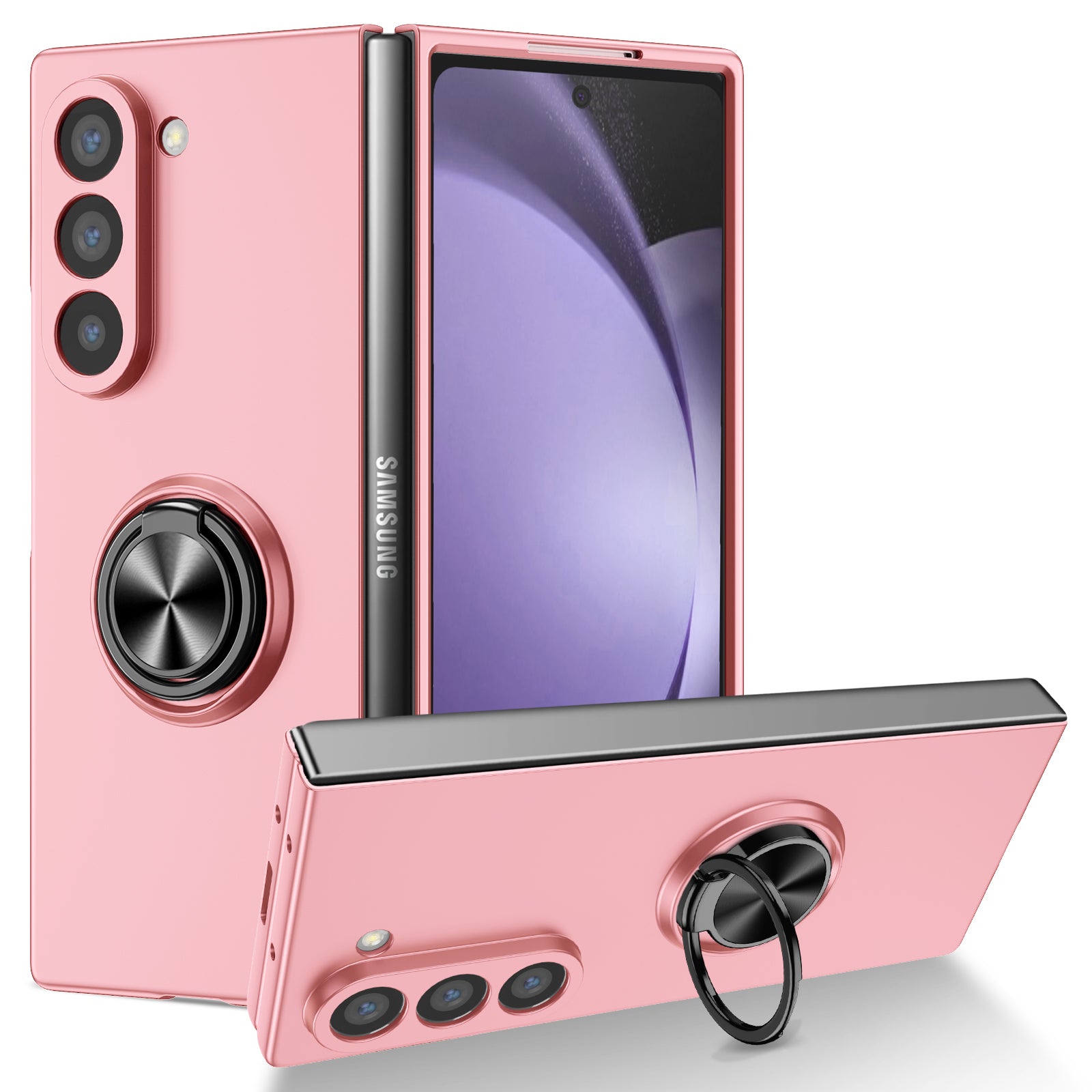 For Samsung Galaxy Z Fold6 5G Case Ring Kickstand PC Phone Cover Support Car Mount - Pink