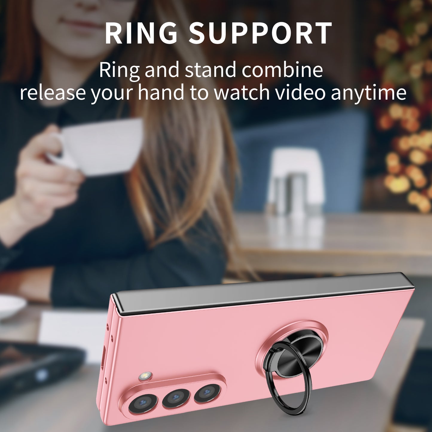 For Samsung Galaxy Z Fold6 5G Case Ring Kickstand PC Phone Cover Support Car Mount - Pink