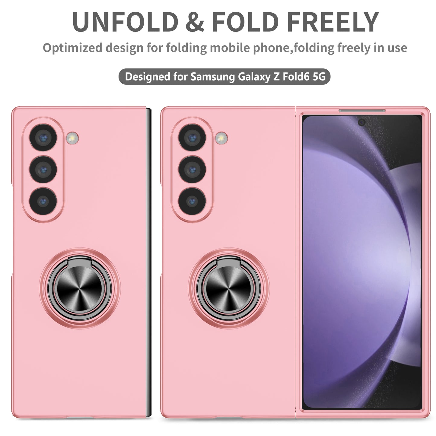 For Samsung Galaxy Z Fold6 5G Case Ring Kickstand PC Phone Cover Support Car Mount - Pink