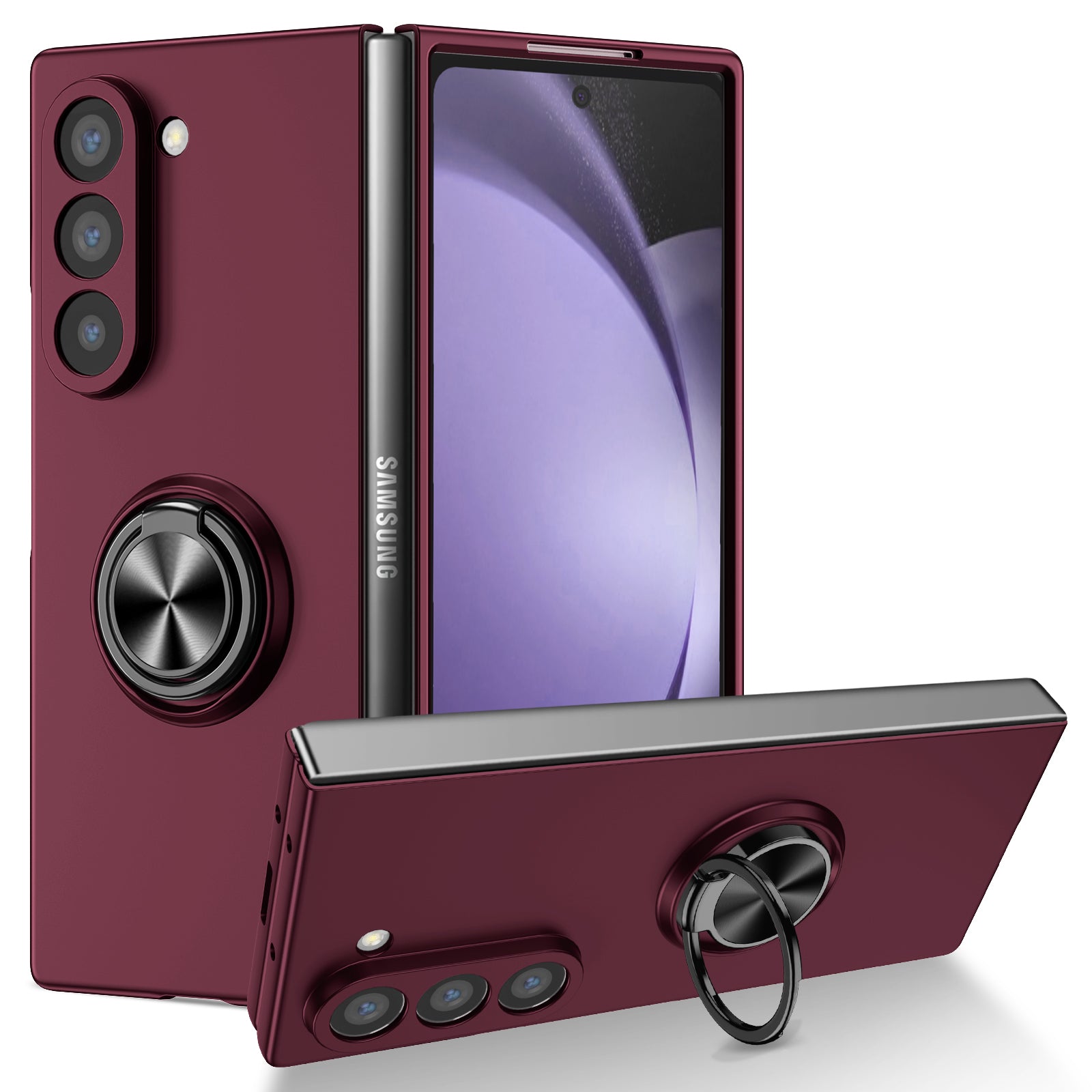 For Samsung Galaxy Z Fold6 5G Case Ring Kickstand PC Phone Cover Support Car Mount - Wine Red