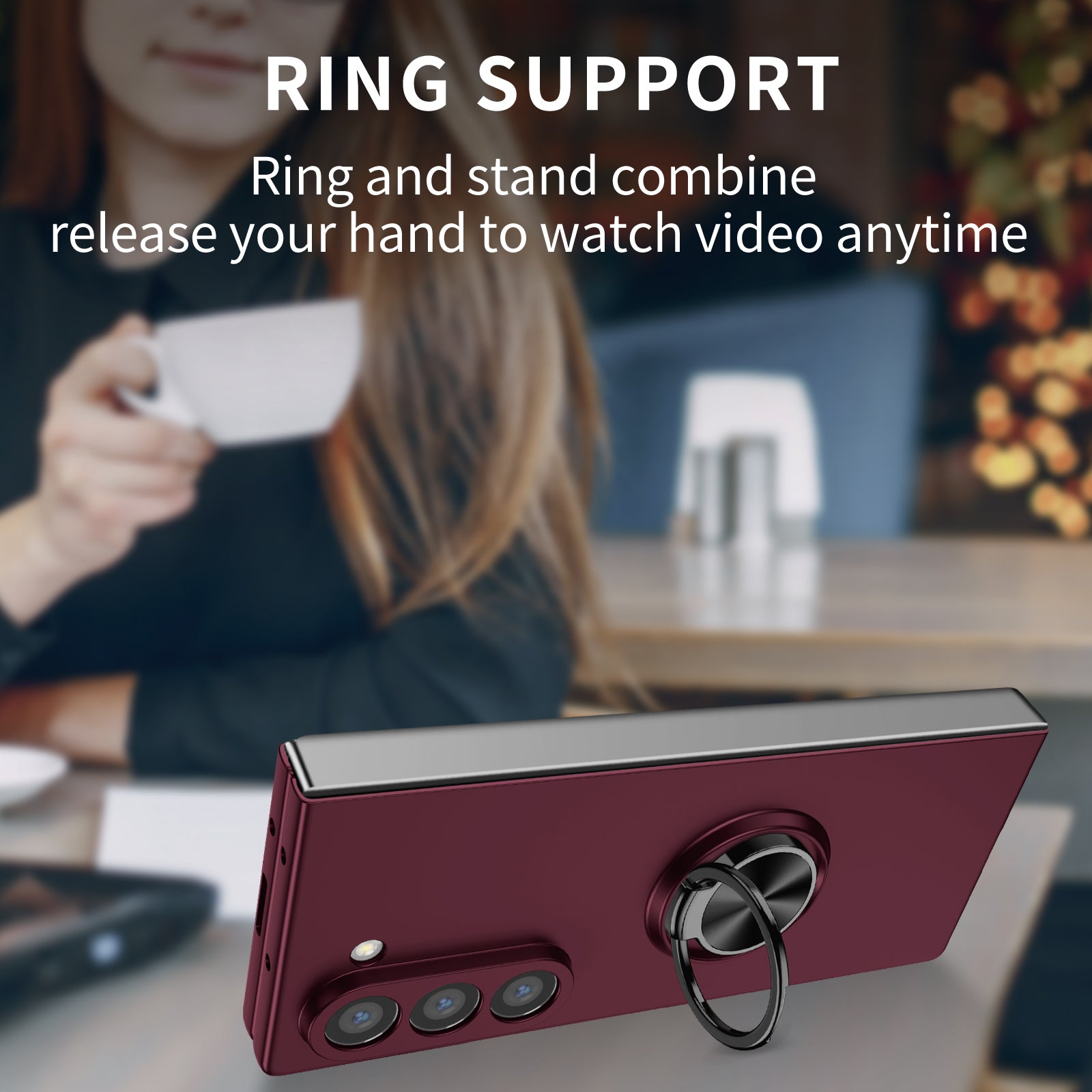 For Samsung Galaxy Z Fold6 5G Case Ring Kickstand PC Phone Cover Support Car Mount - Wine Red