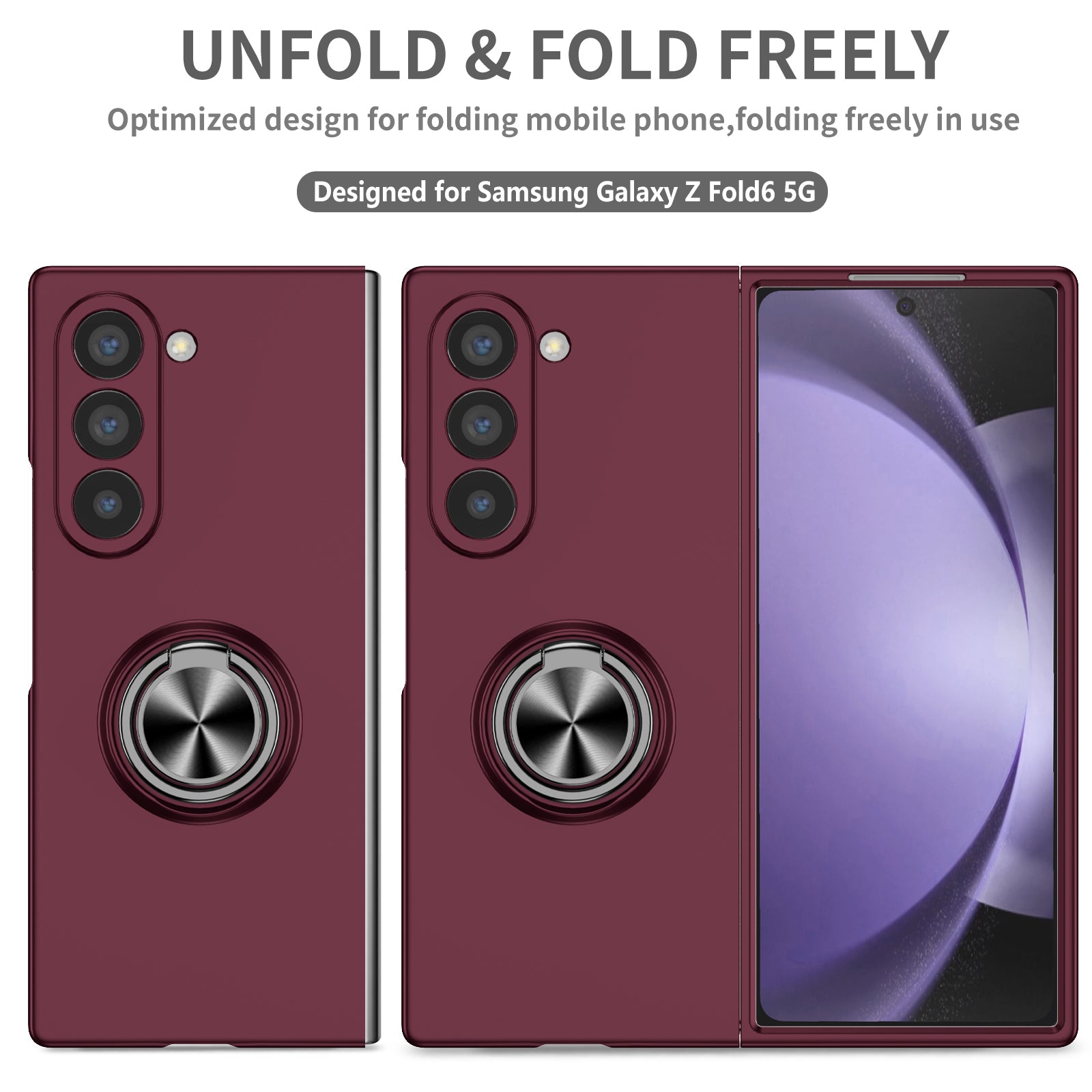For Samsung Galaxy Z Fold6 5G Case Ring Kickstand PC Phone Cover Support Car Mount - Wine Red