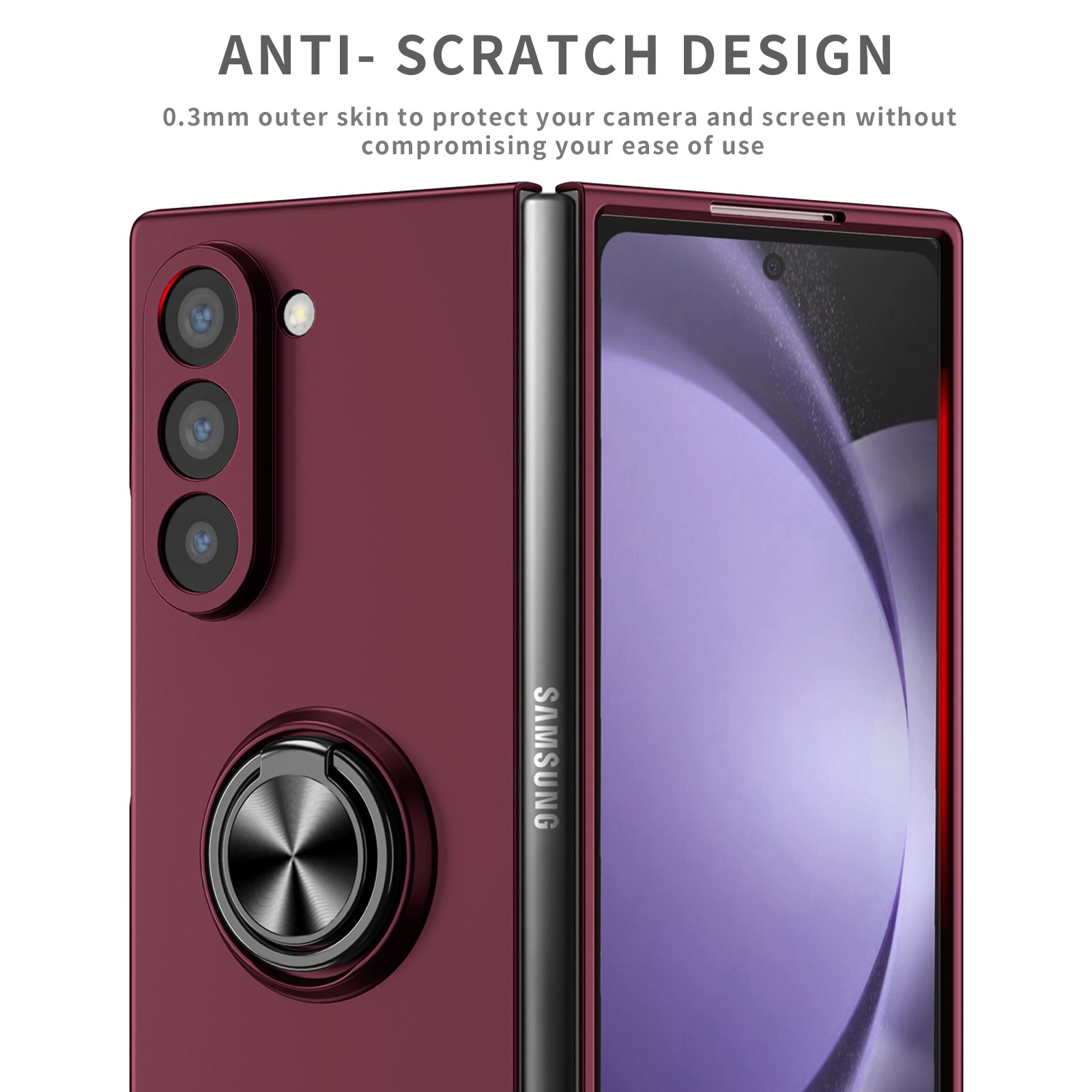 For Samsung Galaxy Z Fold6 5G Case Ring Kickstand PC Phone Cover Support Car Mount - Wine Red