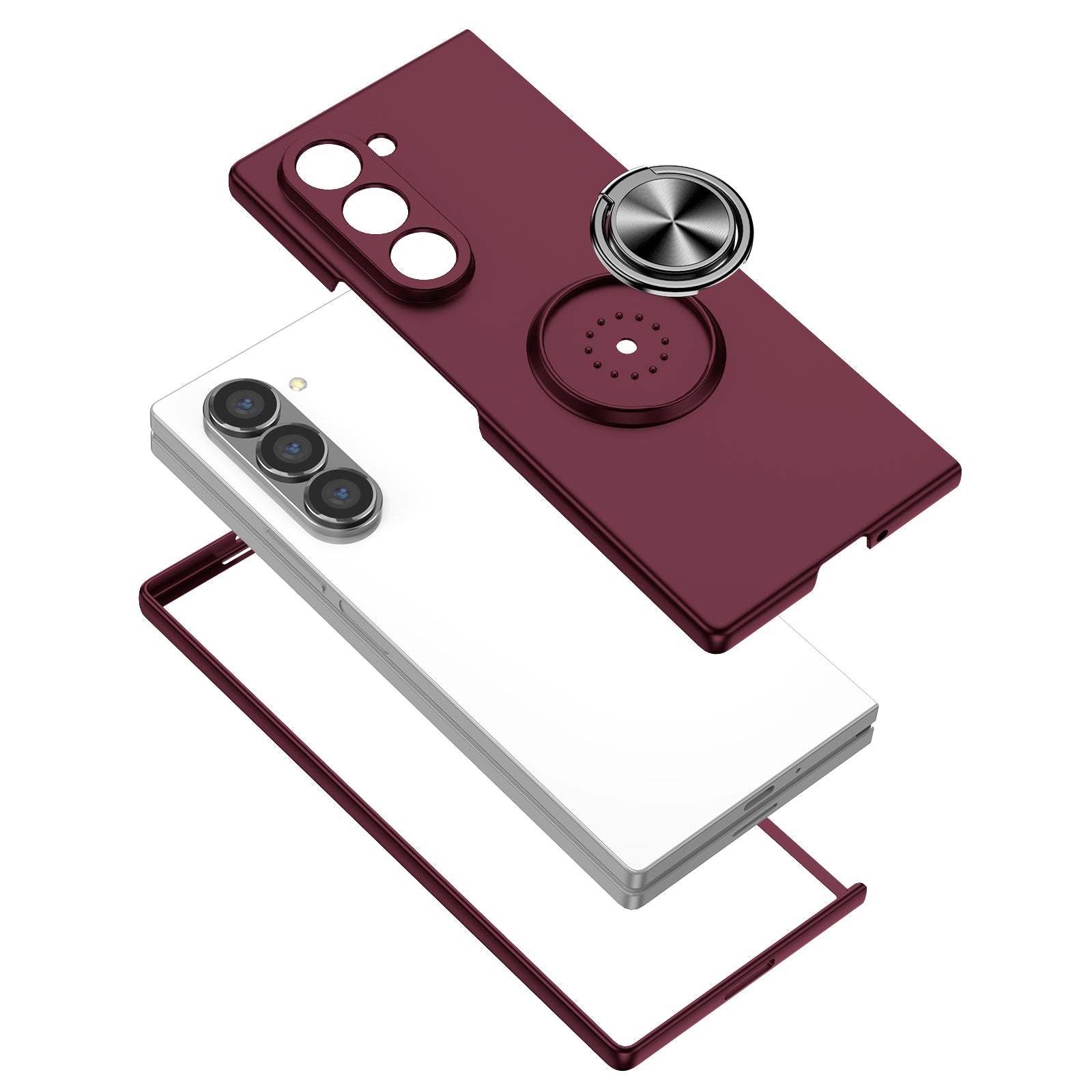 For Samsung Galaxy Z Fold6 5G Case Ring Kickstand PC Phone Cover Support Car Mount - Wine Red