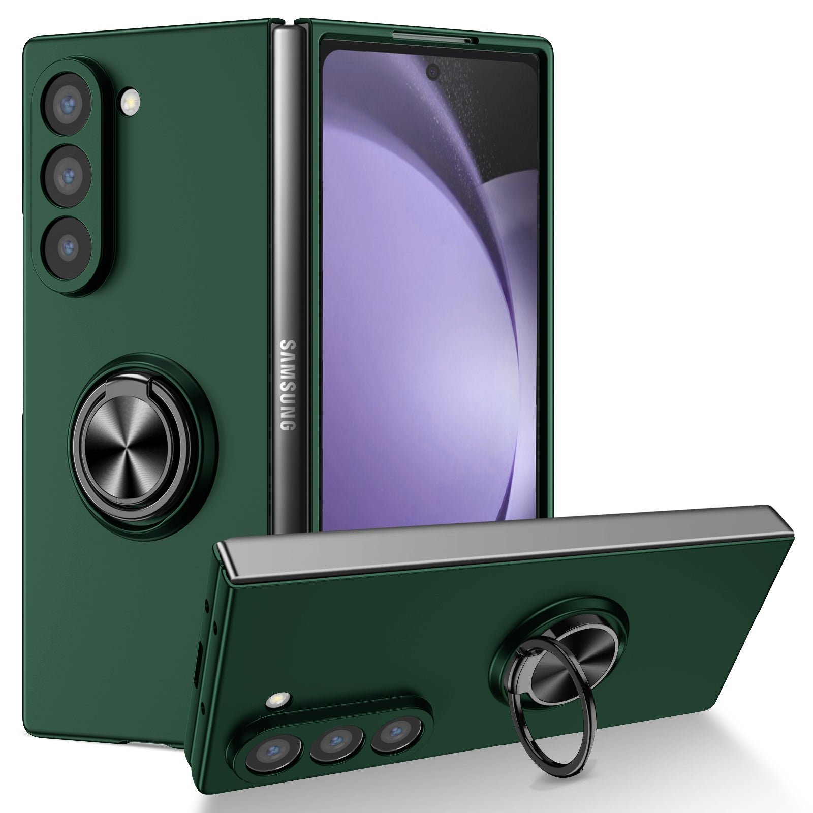 For Samsung Galaxy Z Fold6 5G Case Ring Kickstand PC Phone Cover Support Car Mount - Blackish Green