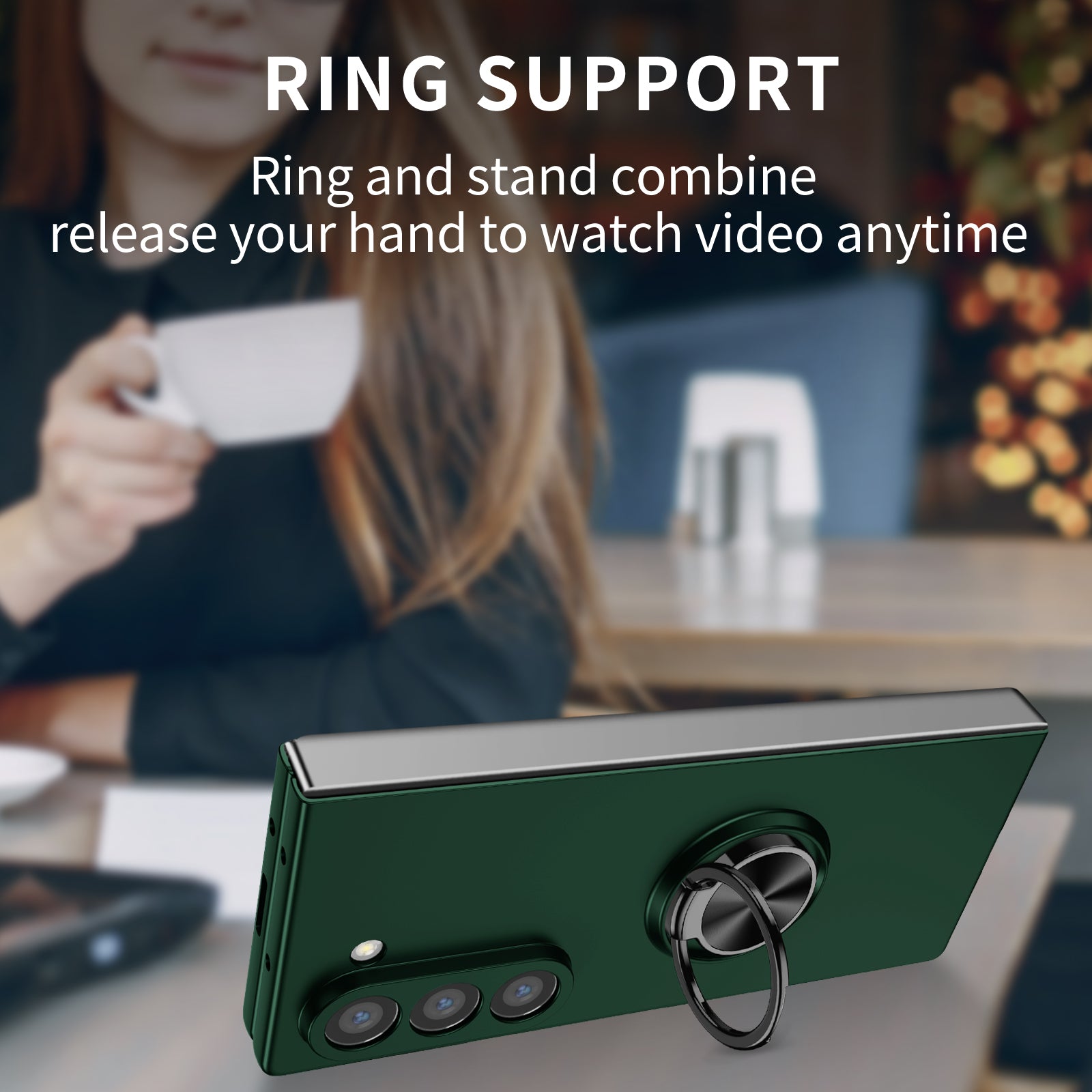 For Samsung Galaxy Z Fold6 5G Case Ring Kickstand PC Phone Cover Support Car Mount - Blackish Green