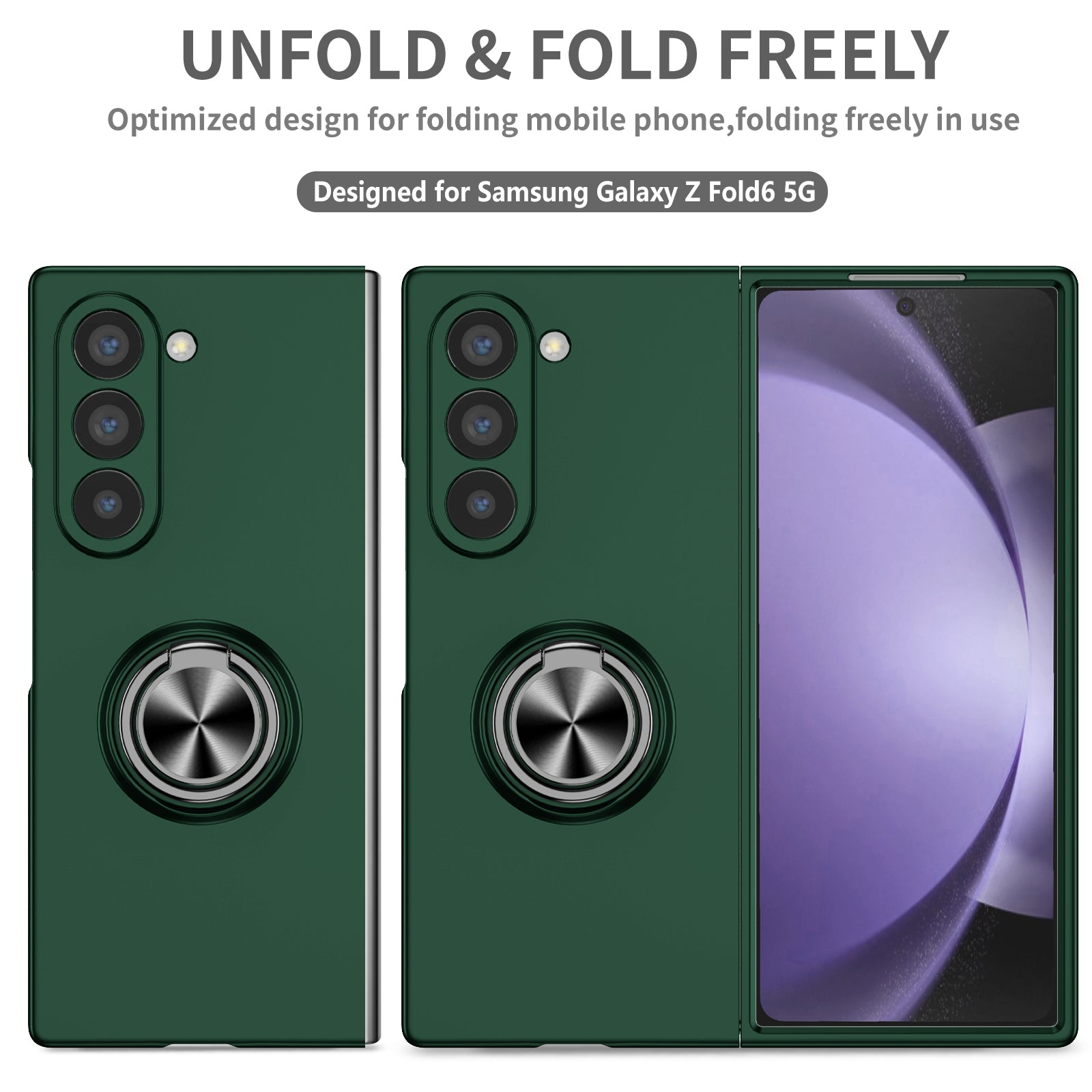 For Samsung Galaxy Z Fold6 5G Case Ring Kickstand PC Phone Cover Support Car Mount - Blackish Green