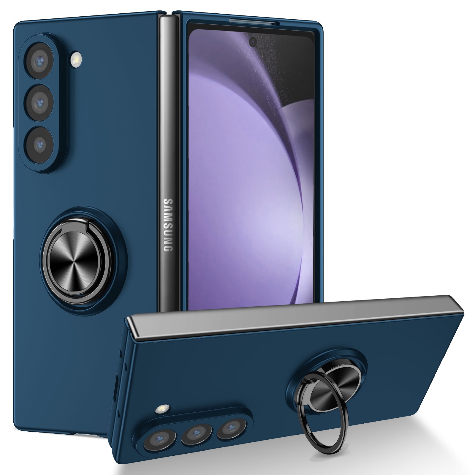 For Samsung Galaxy Z Fold6 5G Case Ring Kickstand PC Phone Cover Support Car Mount - Dark Blue