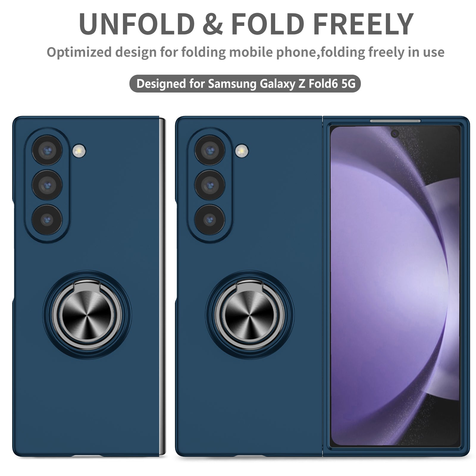 For Samsung Galaxy Z Fold6 5G Case Ring Kickstand PC Phone Cover Support Car Mount - Dark Blue