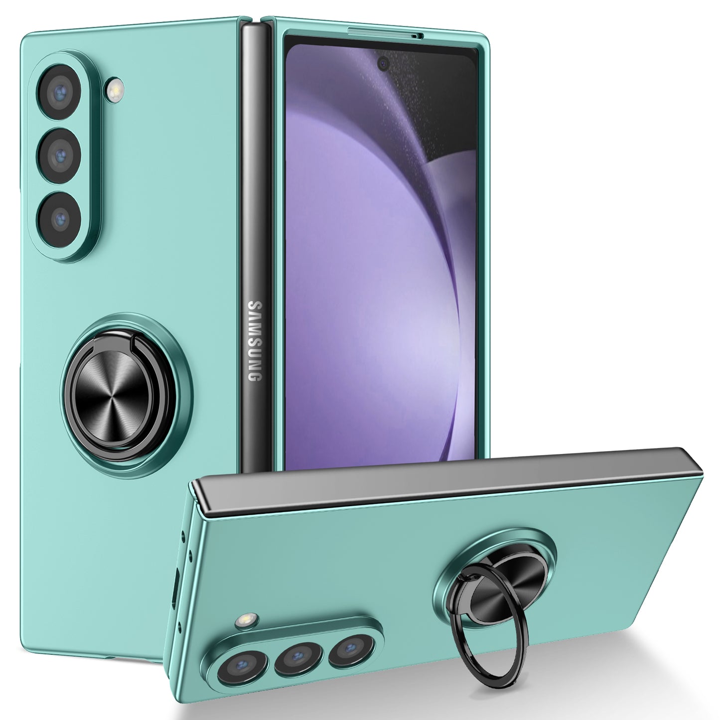 For Samsung Galaxy Z Fold6 5G Case Ring Kickstand PC Phone Cover Support Car Mount - Sky Blue