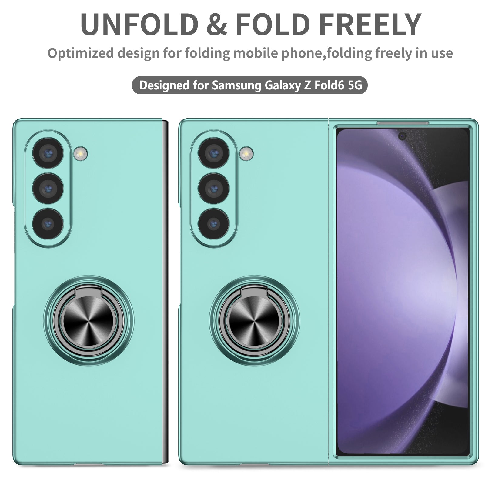 For Samsung Galaxy Z Fold6 5G Case Ring Kickstand PC Phone Cover Support Car Mount - Sky Blue