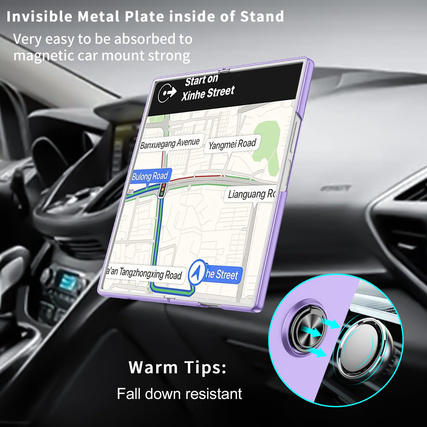 For Samsung Galaxy Z Fold6 5G Case Ring Kickstand PC Phone Cover Support Car Mount - Purple
