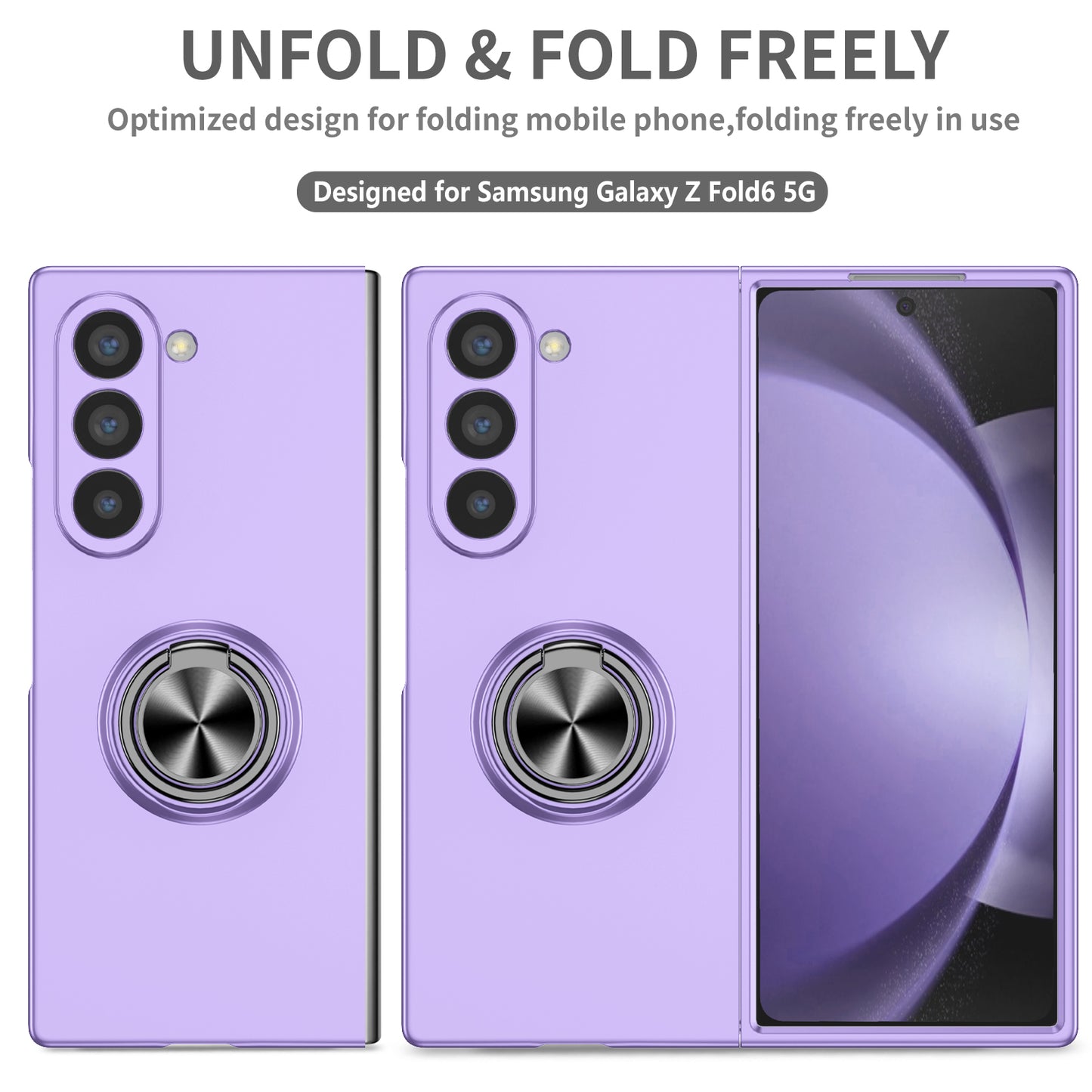 For Samsung Galaxy Z Fold6 5G Case Ring Kickstand PC Phone Cover Support Car Mount - Purple