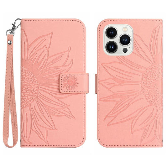 HT04 For iPhone 16 Pro Case Sunflower Imprint Leather Flip Phone Cover with Hand Strap - Pink