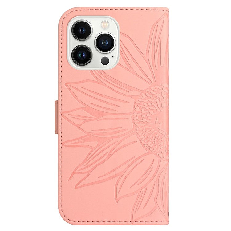 HT04 For iPhone 16 Pro Case Sunflower Imprint Leather Flip Phone Cover with Hand Strap - Pink